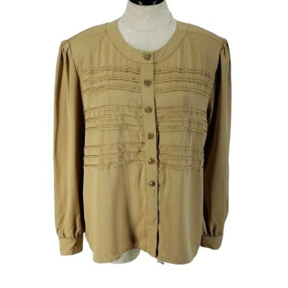 Worthington Women's Tan Ornate Button Down Long Sleeve Business Office Blouse 18